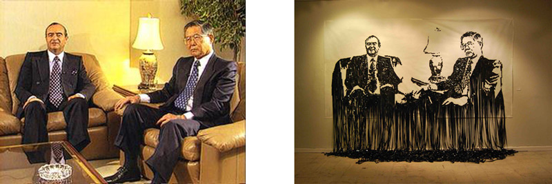 Figura 2: (Izquierda) Entrevista con Montesinos y Fujimori (Abril, 1999) (Derecha) “En la Salita”, de Orestes Bermudez (2011). Foto: cortesía del artista.